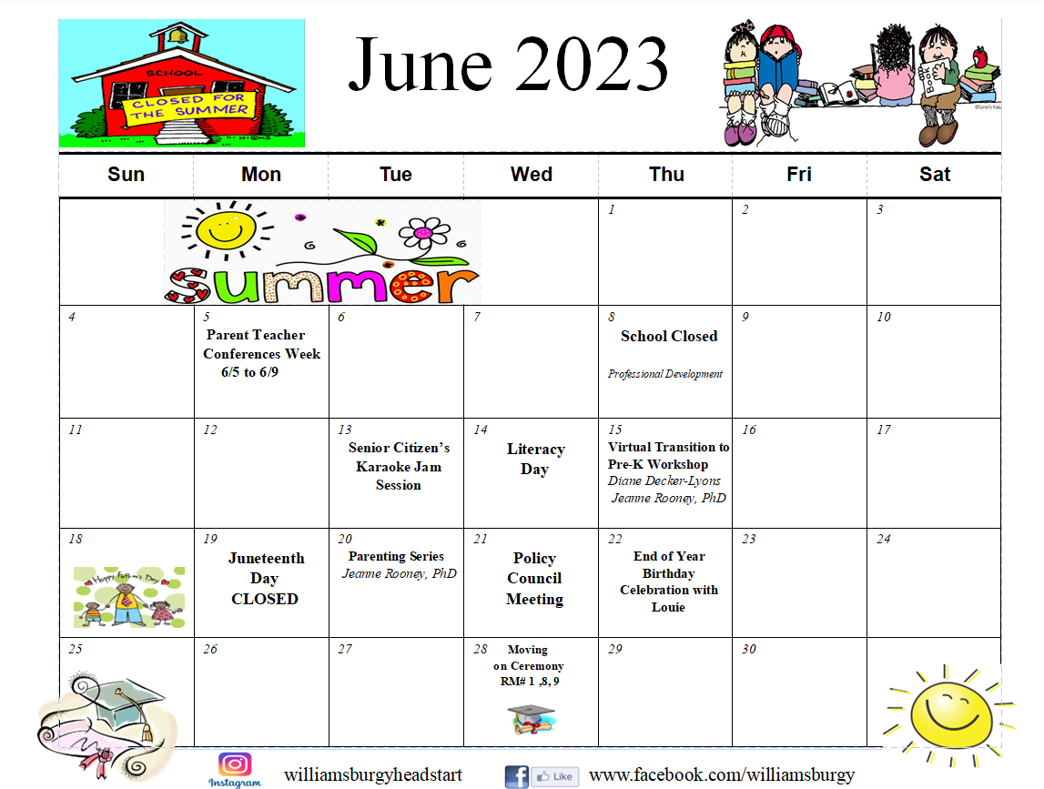 June 2023 Calendar | Y.M. & Y.W.H.A. of Williamsburg, Inc. Head Start