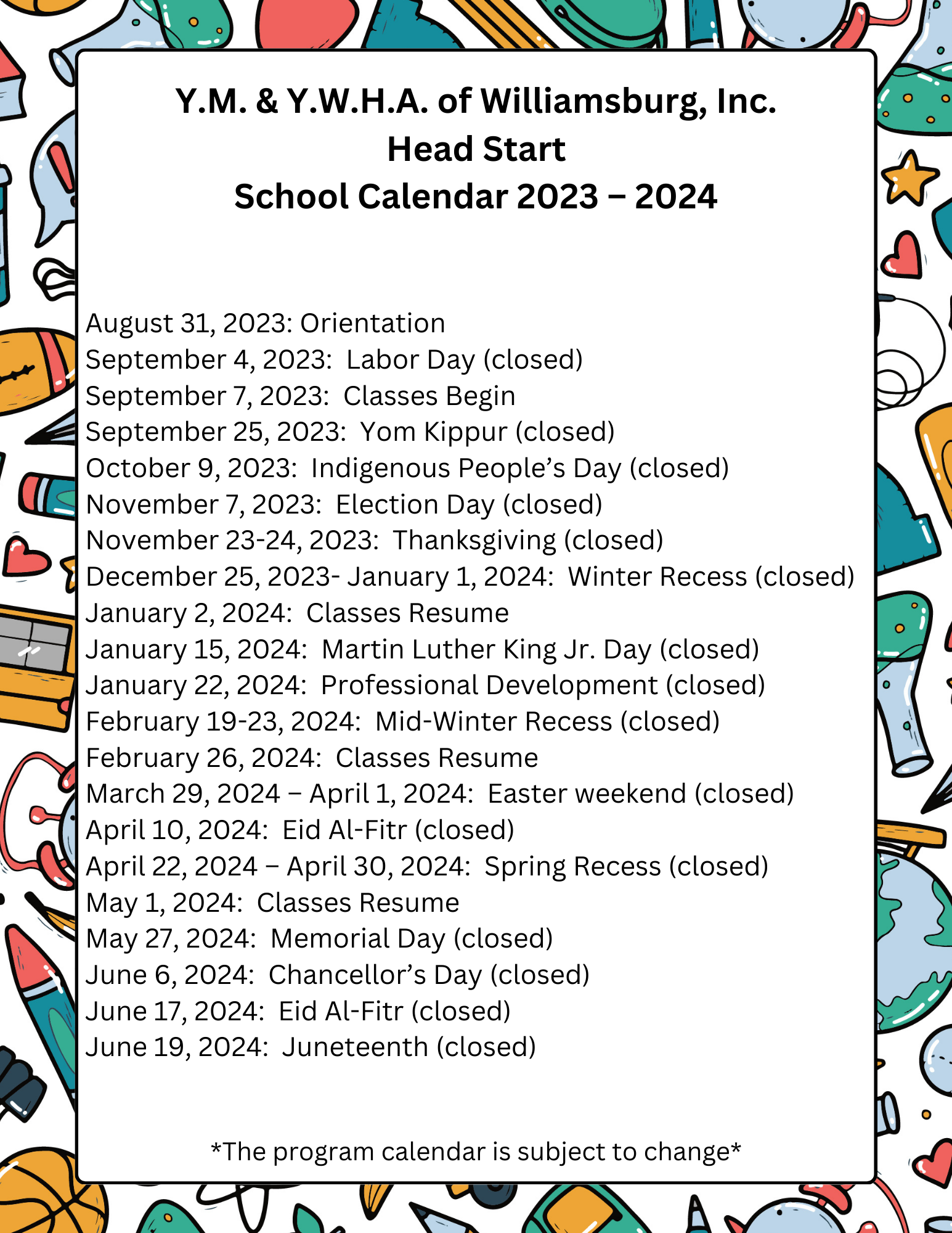 20232024 School Year Calendar Y.M. & Y.W.H.A. of Williamsburg, Inc