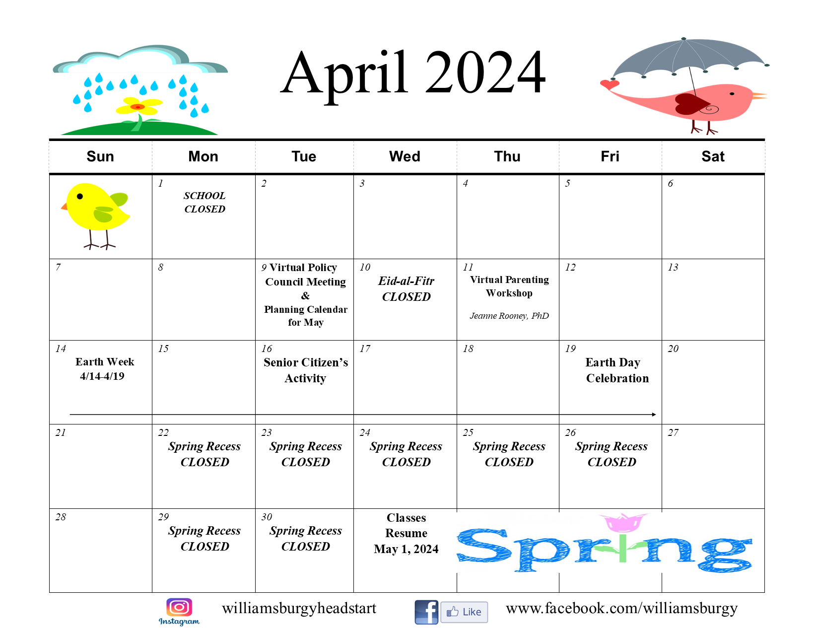 April 2024 Calendar | Y.M. & Y.W.H.A. of Williamsburg, Inc. Head Start