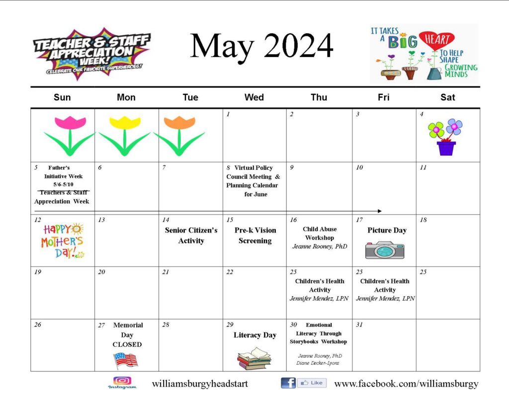 May 2024 Calendar Y.M. & Y.W.H.A. of Williamsburg, Inc. Head Start