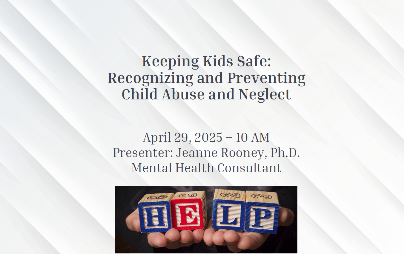 A presentation slide titled "Keeping Kids Safe: Recognizing and Preventing Child Abuse and Neglect," with event details and a photo of hands holding toy blocks spelling "HELP.