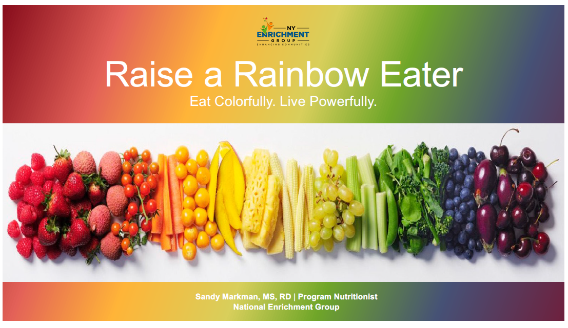 An assortment of fruits and vegetables arranged by color from red to purple, set against a rainbow gradient background with the text "Raise a Rainbow Eater. Eat Colorfully. Live Powerfully.